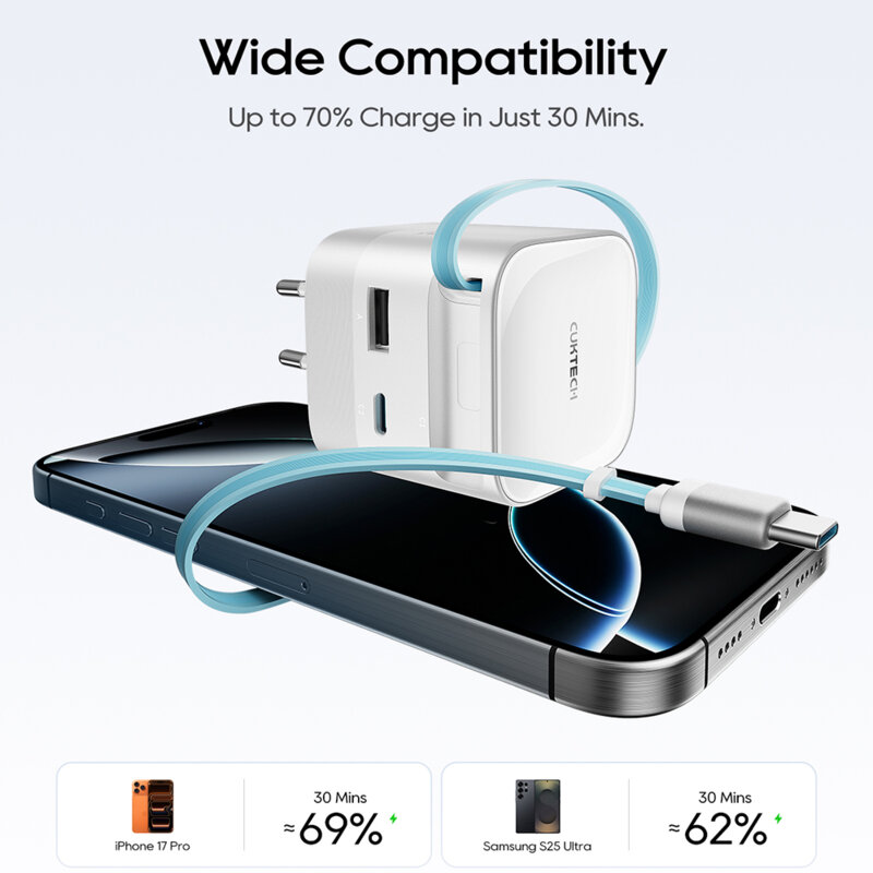 Incarcator GaN 67W cu cablu retractabil USB-C Cuktech AD653W