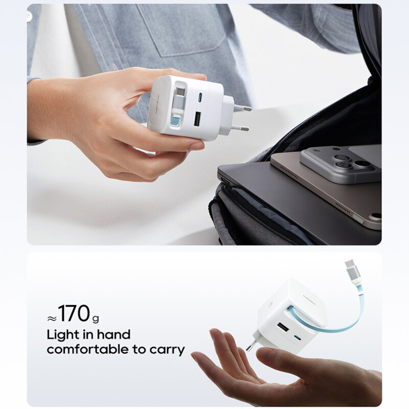 Incarcator GaN 67W cu cablu retractabil USB-C Cuktech AD653W