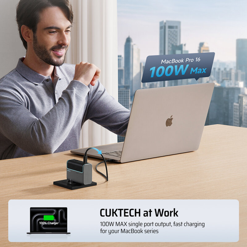 Incarcator GaN 100W cu cablu USB-C Cuktech AD1003EU, gri