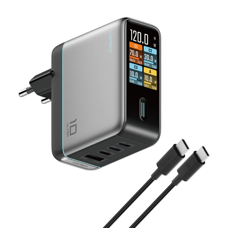 Incarcator priza cu afisaj digital, cablu USB-C Cuktech AD1204U, gri