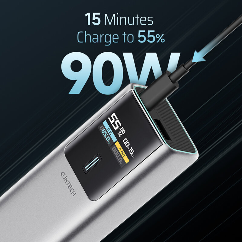 Baterie externa cu cablu tip C, Fast Self-Charge Cuktech PB100P, gri