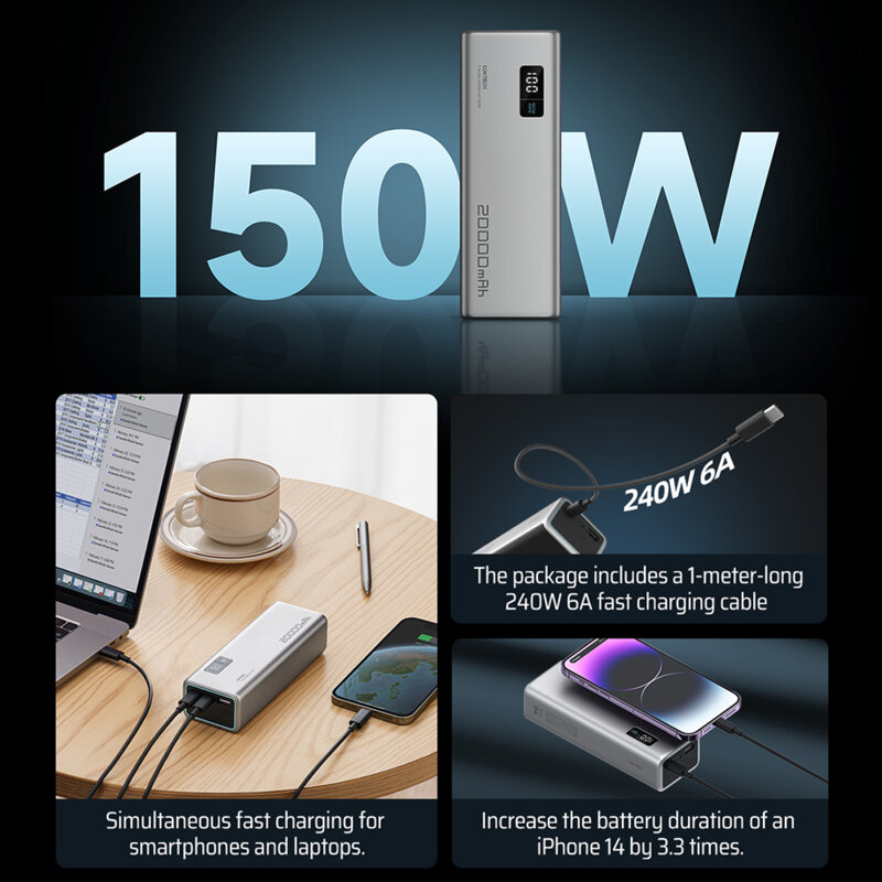 Baterie externa cu cablu Type-C 20000mAh, 150W Cuktech PB200P, gri