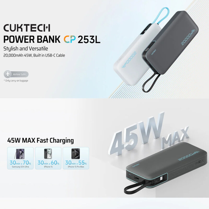 Baterie externa 45W, USB+Type-C, cablu Cuktech LPB200N, negru