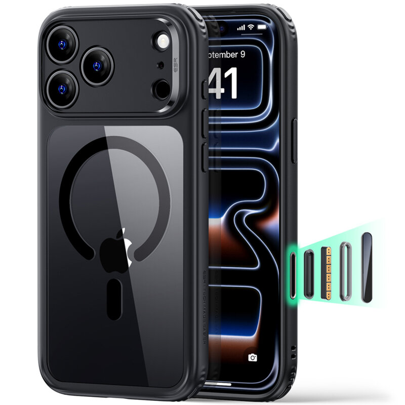 Husa iPhone 17 Pro ESR Classic Hybrid HaloLock, negru/transparenta