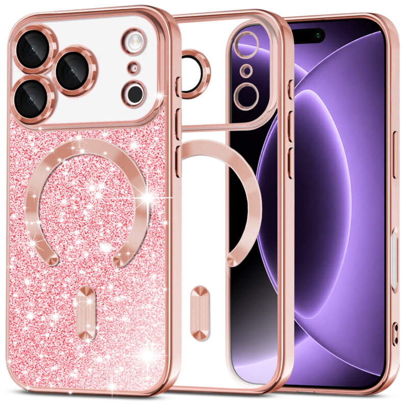 Husa premium iPhone 18 Pro Techsuit Luxury Glitter MagSafe, roz auriu