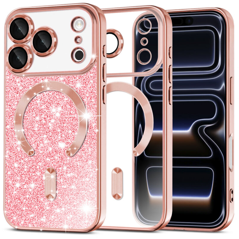 Husa premium iPhone 17 Pro Techsuit Luxury Glitter MagSafe, roz auriu