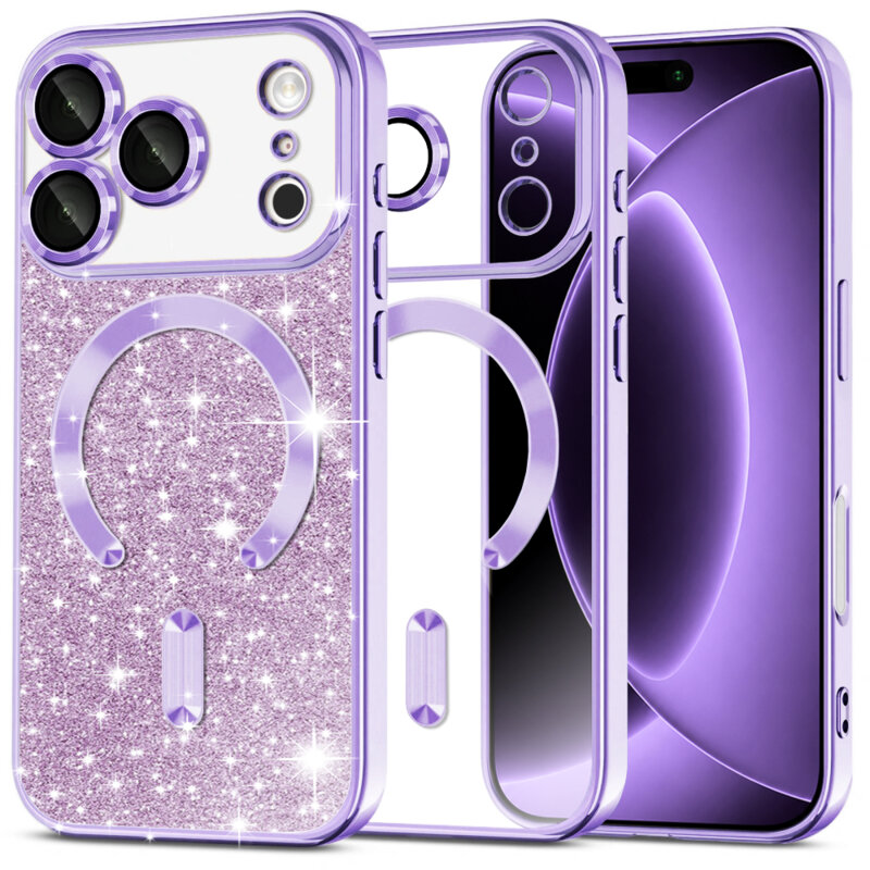 Husa premium iPhone 18 Pro Techsuit Luxury Glitter MagSafe, mov deschis
