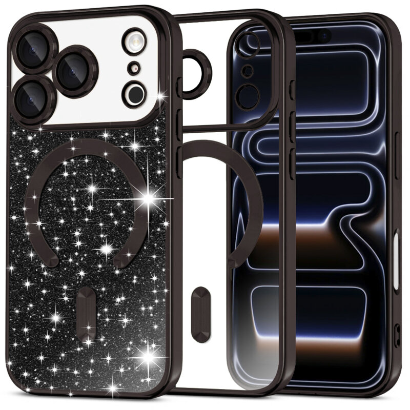 Husa premium iPhone 17 Pro Techsuit Luxury Glitter MagSafe, negru