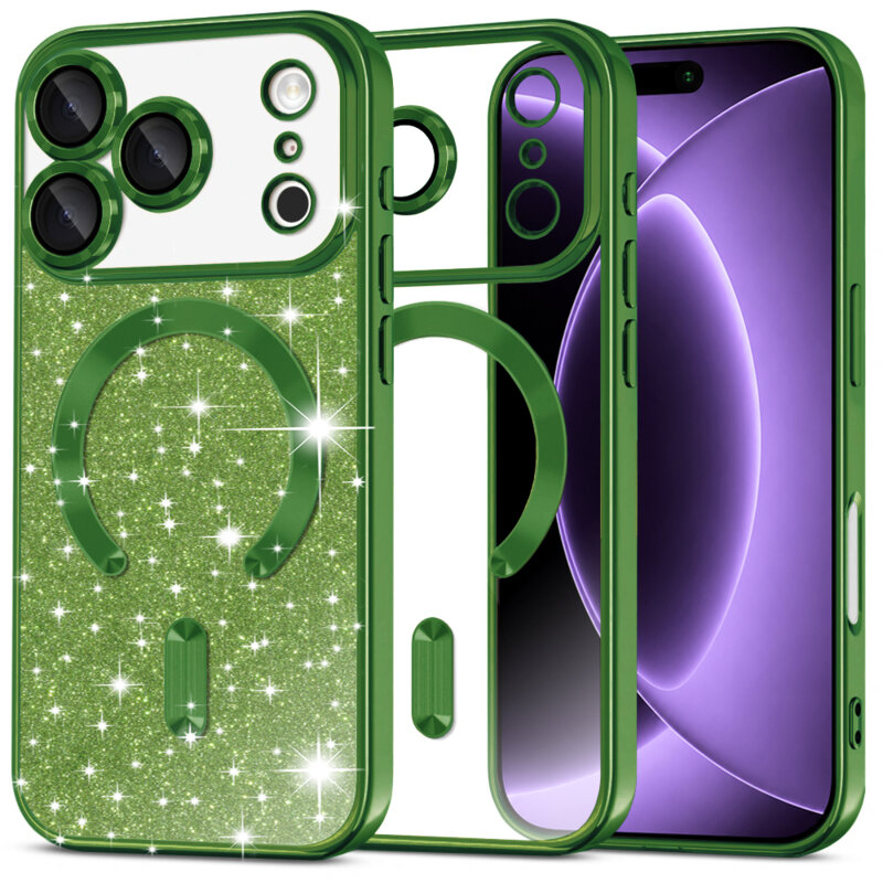 Husa premium iPhone 18 Pro Techsuit Luxury Glitter MagSafe, verde