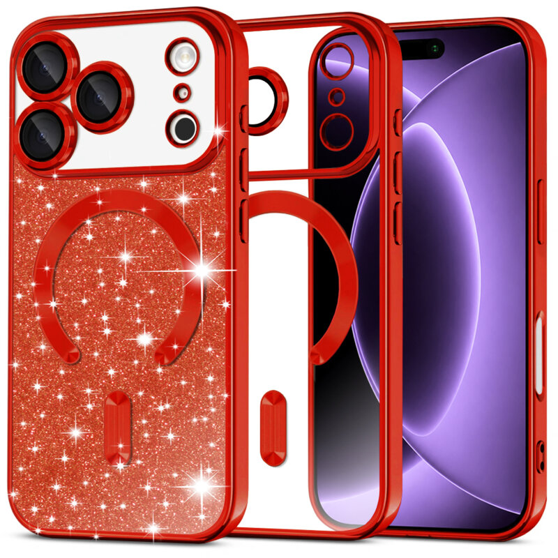 Husa premium iPhone 18 Pro Techsuit Luxury Glitter MagSafe, rosu
