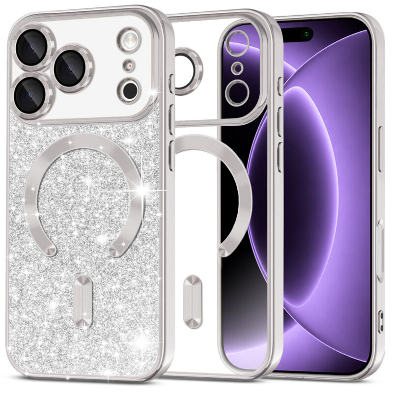 Husa premium iPhone 18 Pro Techsuit Luxury Glitter MagSafe, argintiu