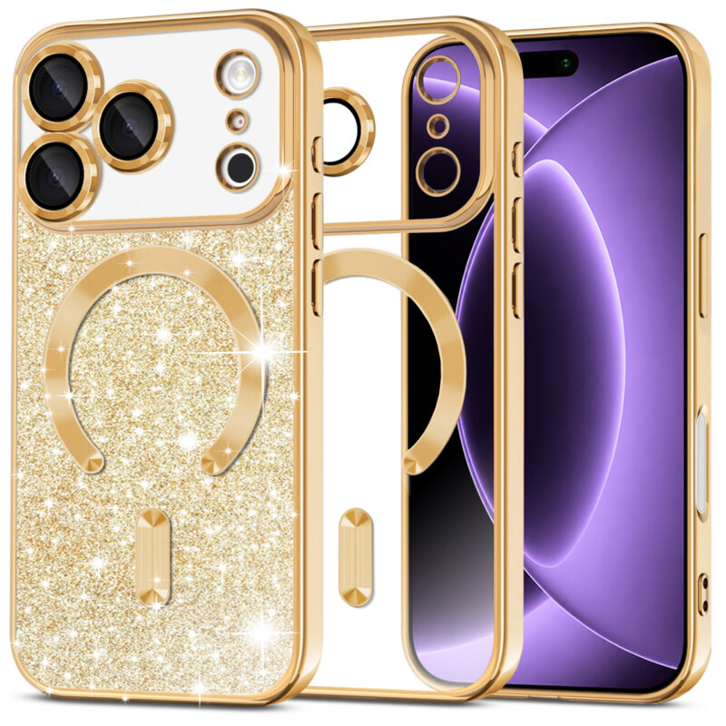 Husa premium iPhone 18 Pro Techsuit Luxury Glitter MagSafe, auriu