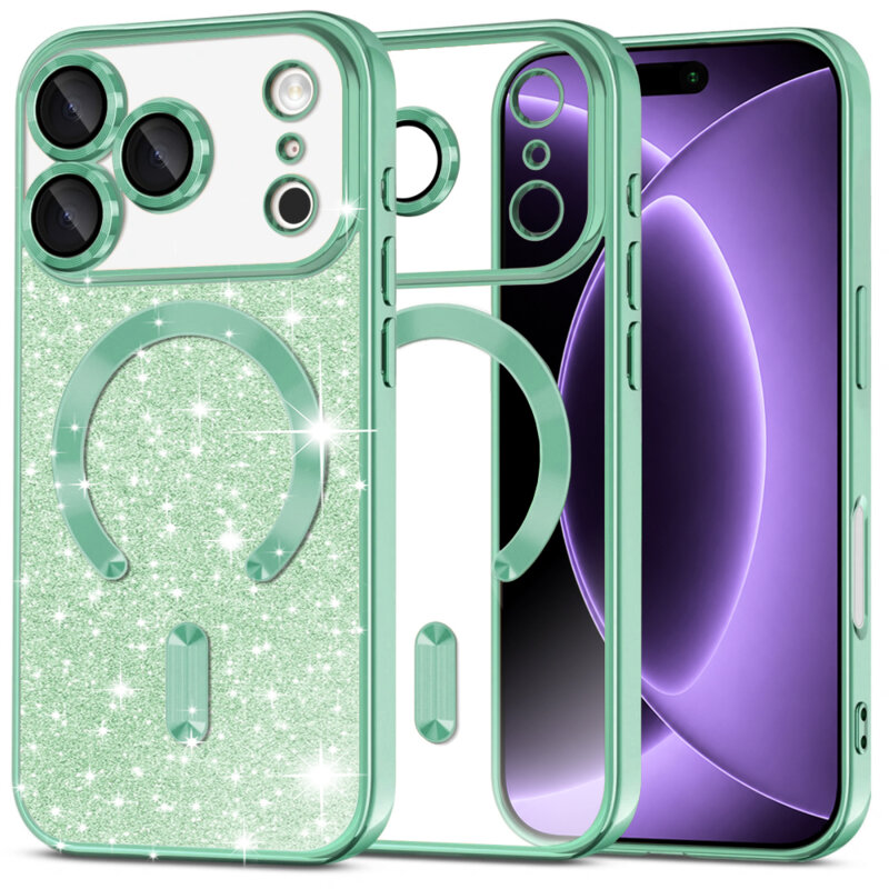 Husa premium iPhone 18 Pro Techsuit Luxury Glitter MagSafe, verde deschis
