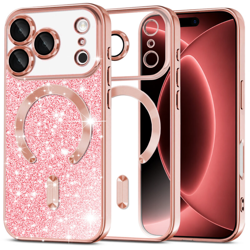 Husa premium iPhone 18 Pro Max Techsuit Luxury Glitter MagSafe, roz auriu