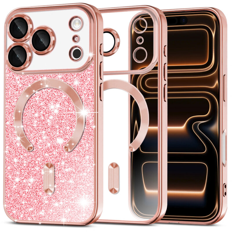 Husa premium iPhone 17 Pro Max Techsuit Luxury Glitter MagSafe, roz auriu