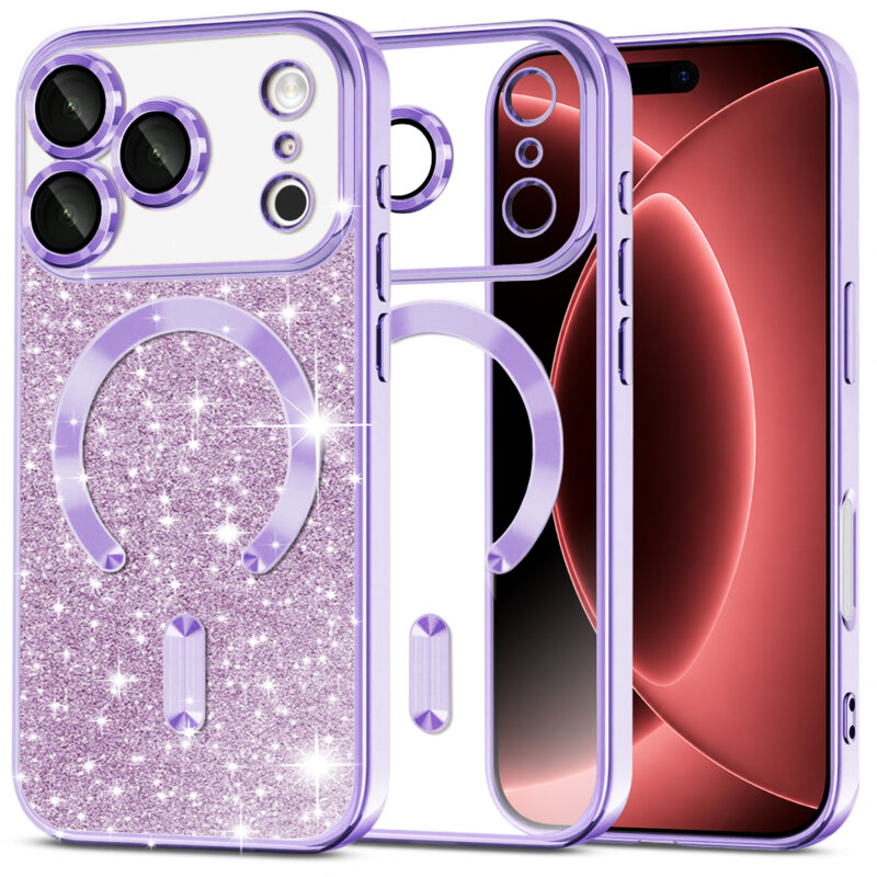 Husa premium iPhone 18 Pro Max Techsuit Luxury Glitter MagSafe, mov deschis