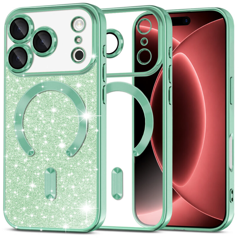 Husa premium iPhone 18 Pro Max Techsuit Luxury Glitter MagSafe, verde deschis