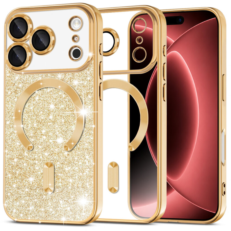 Husa premium iPhone 18 Pro Max Techsuit Luxury Glitter MagSafe, auriu