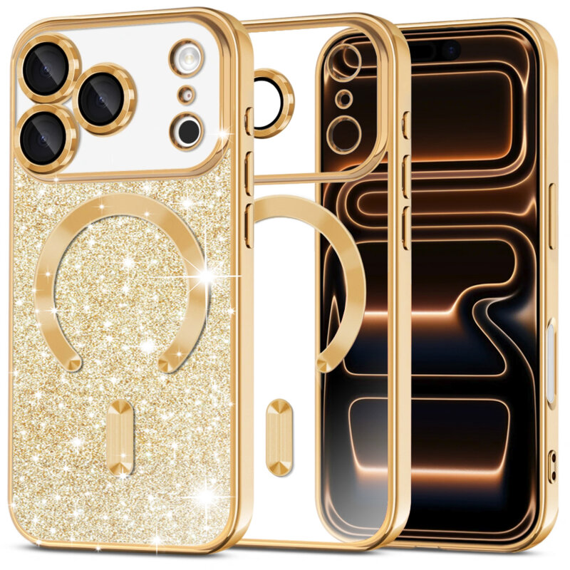 Husa premium iPhone 17 Pro Max Techsuit Luxury Glitter MagSafe, auriu