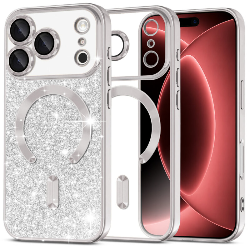 Husa premium iPhone 18 Pro Max Techsuit Luxury Glitter MagSafe, argintiu