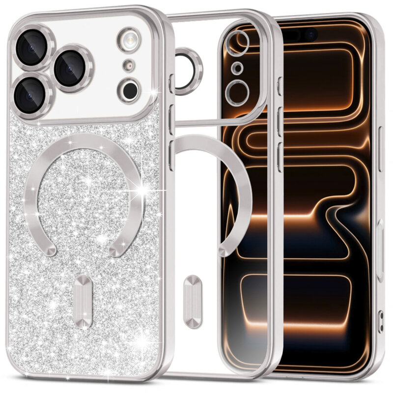 Husa premium iPhone 17 Pro Max Techsuit Luxury Glitter MagSafe, argintiu