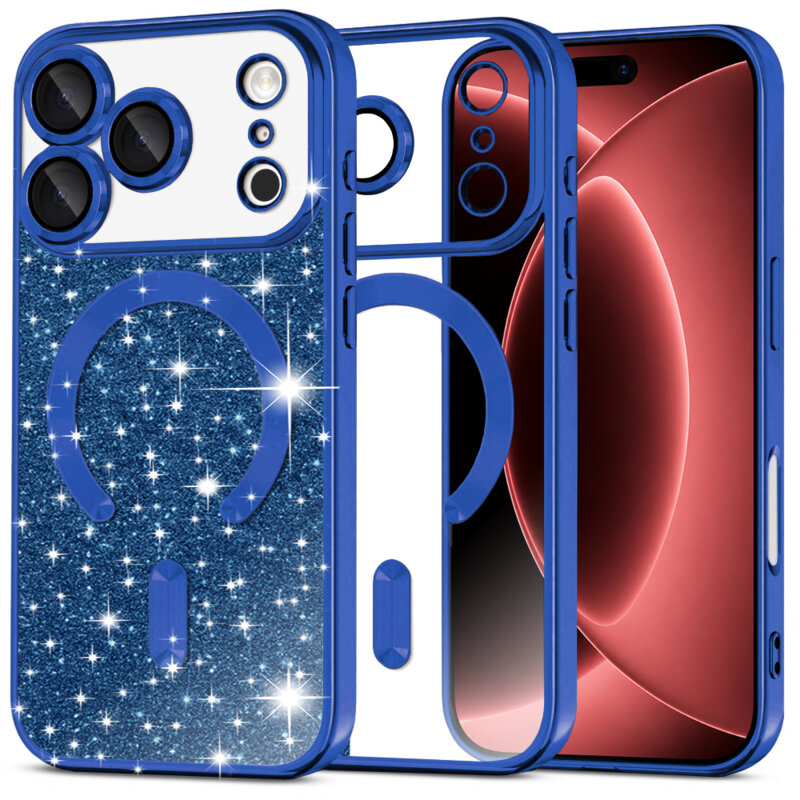 Husa premium iPhone 18 Pro Max Techsuit Luxury Glitter MagSafe, albastru