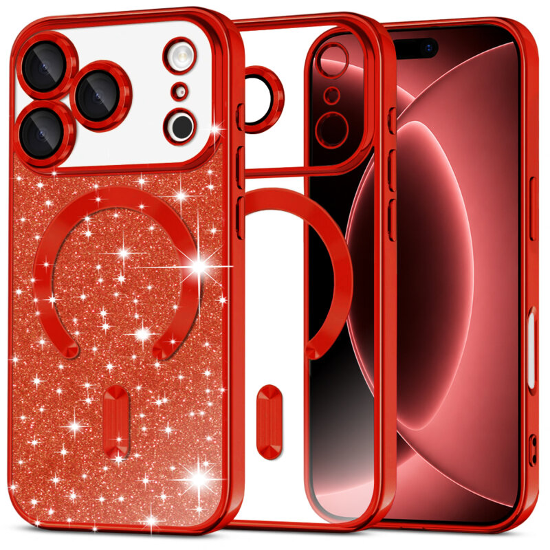 Husa premium iPhone 18 Pro Max Techsuit Luxury Glitter MagSafe, rosu