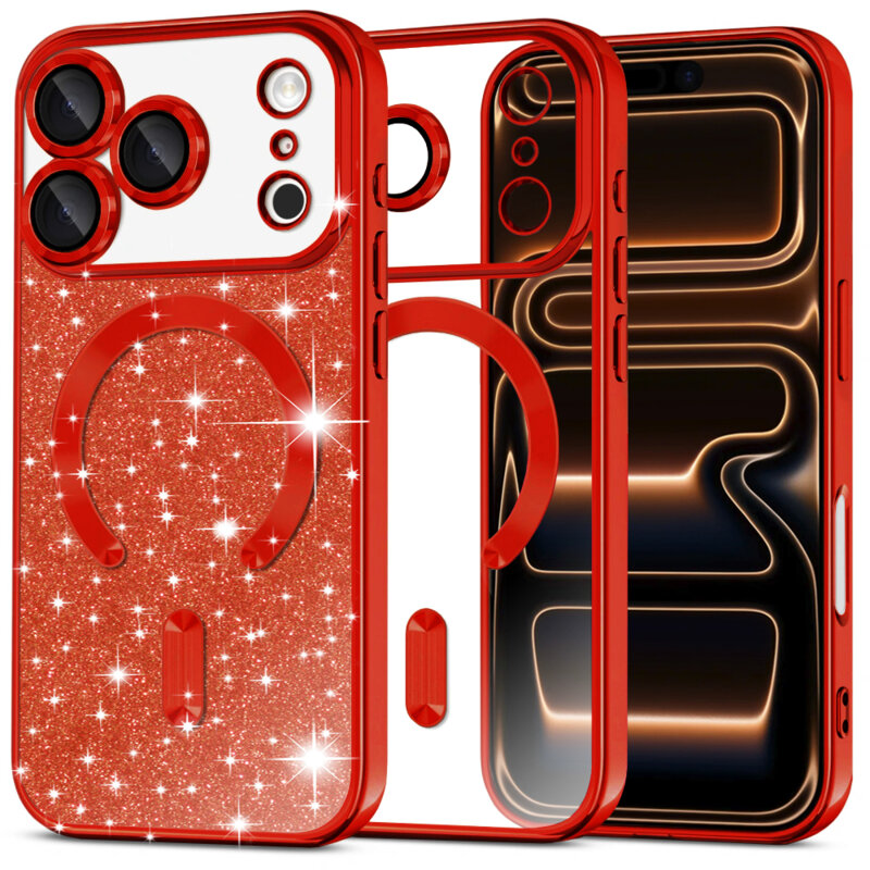 Husa premium iPhone 17 Pro Max Techsuit Luxury Glitter MagSafe, rosu