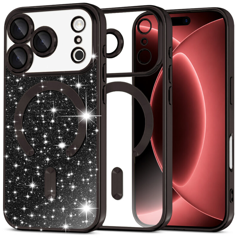 Husa premium iPhone 18 Pro Max Techsuit Luxury Glitter MagSafe, negru