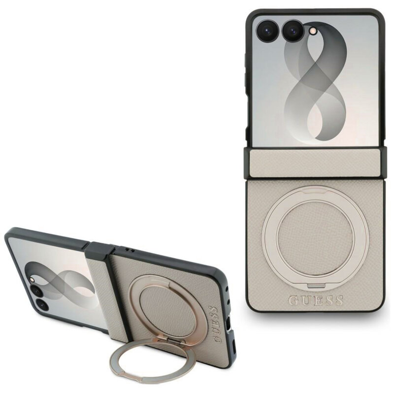 Husa Guess Samsung Galaxy Z Flip8 Ring Stand Grained Classic Logo MagSafe, bej, GUHMZF86PSGRSCLE