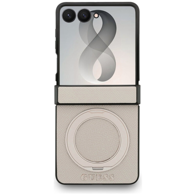Husa Guess Samsung Galaxy Z Flip8 Ring Stand Grained Classic Logo MagSafe, bej, GUHMZF86PSGRSCLE