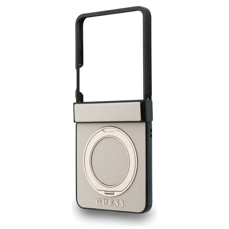 Husa Guess Samsung Galaxy Z Flip8 Ring Stand Grained Classic Logo MagSafe, bej, GUHMZF86PSGRSCLE