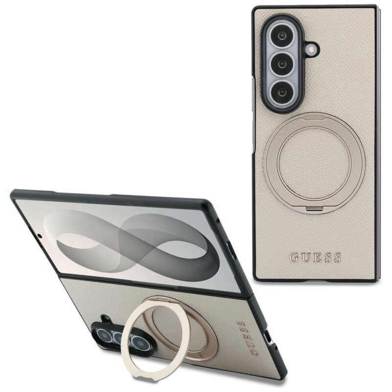 Husa Guess Samsung Galaxy Z Fold8 Ultra Ring Stand Grained Classic Logo MagSafe, bej, GUHMZFD86PSGRSCLE