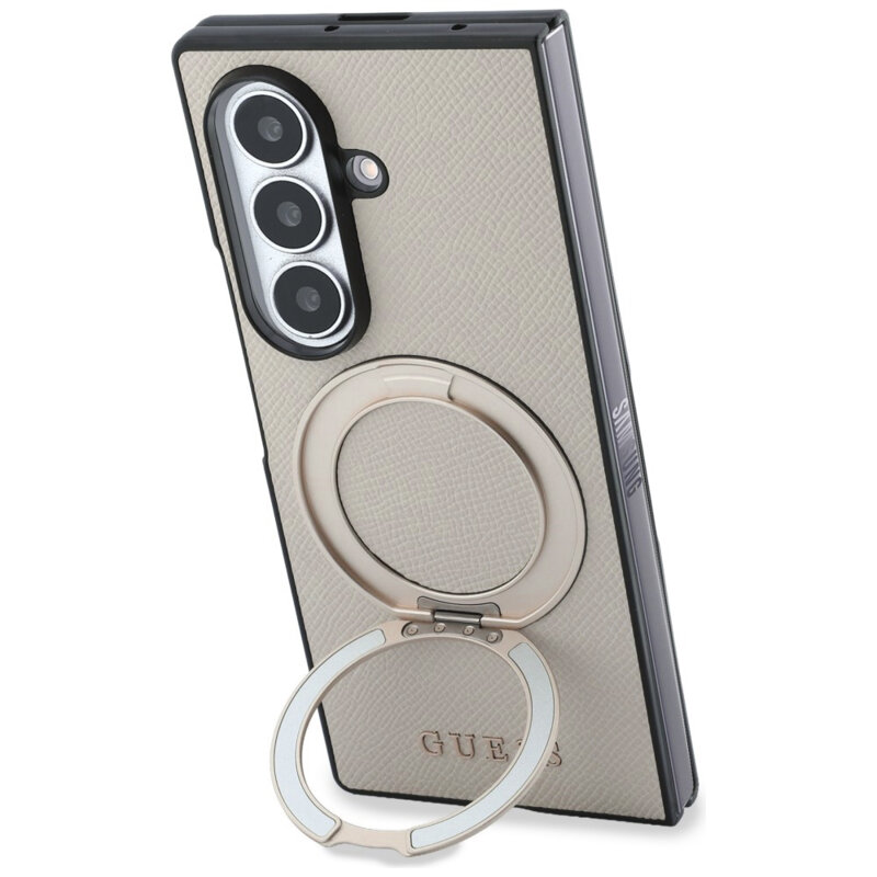 Husa Guess Samsung Galaxy Z Fold8 Ultra Ring Stand Grained Classic Logo MagSafe, bej, GUHMZFD86PSGRSCLE