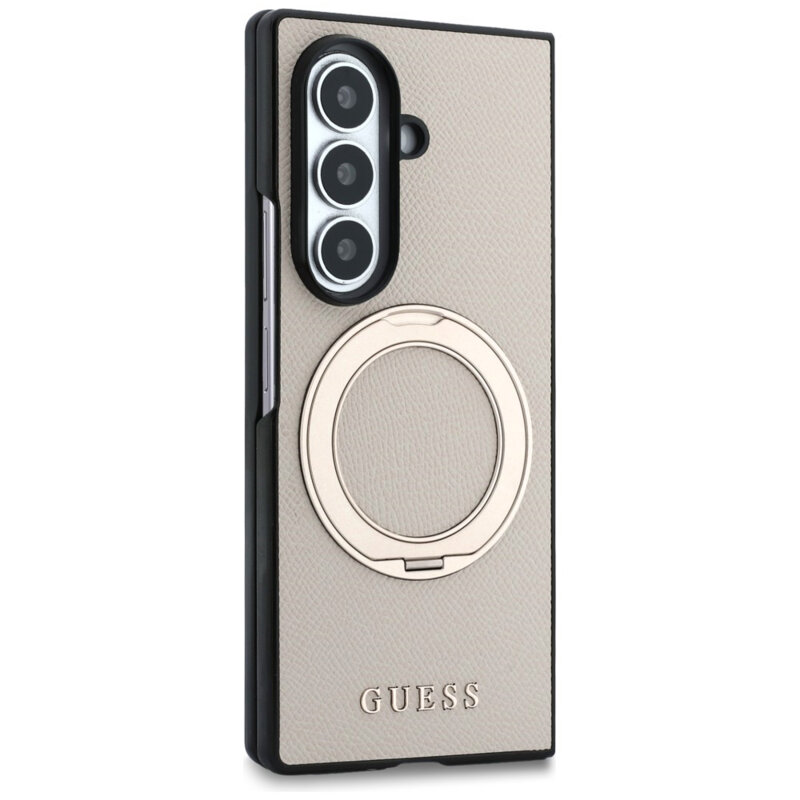 Husa Guess Samsung Galaxy Z Fold8 Ultra Ring Stand Grained Classic Logo MagSafe, bej, GUHMZFD86PSGRSCLE