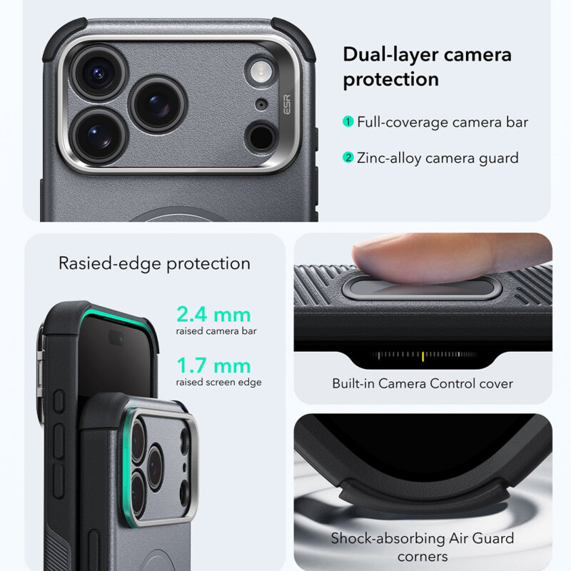 Husa iPhone 18 Pro ESR Cyber Armor Kickstand, gri