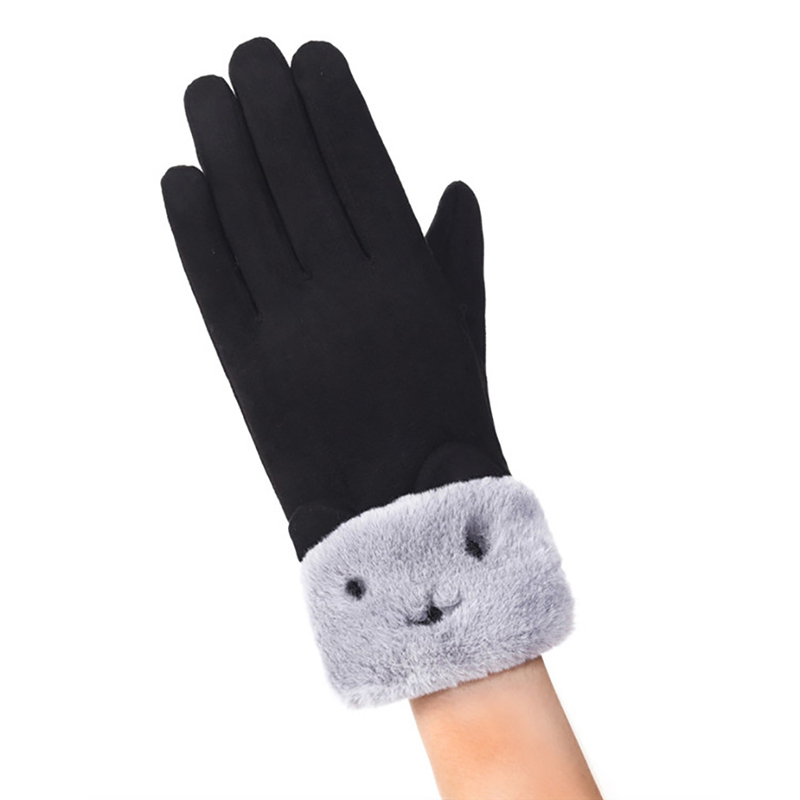 Manusi touchscreen dama Knit Kitty, piele ecologica, negru