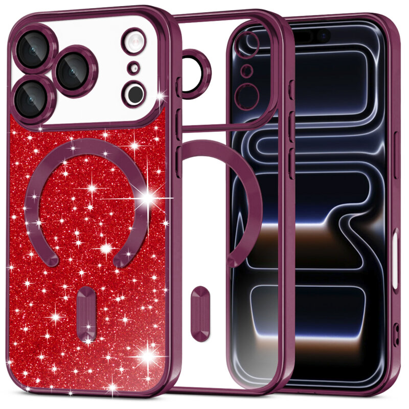 Husa premium iPhone 17 Pro Max Techsuit Luxury Glitter MagSafe, visiniu