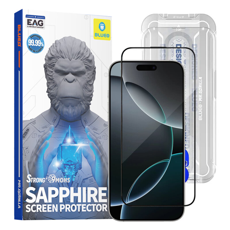 Folie sticla iPhone 18 Pro Blueo Premium Sapphire Non Breaking / Scratching 9H Glass, negru
