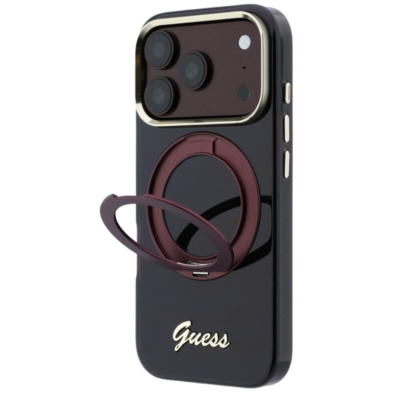 Husa Guess iPhone 17 Pro Ring Stand Script Metal Logo MagSafe, bordo, GUHMP18L6HCCMSU