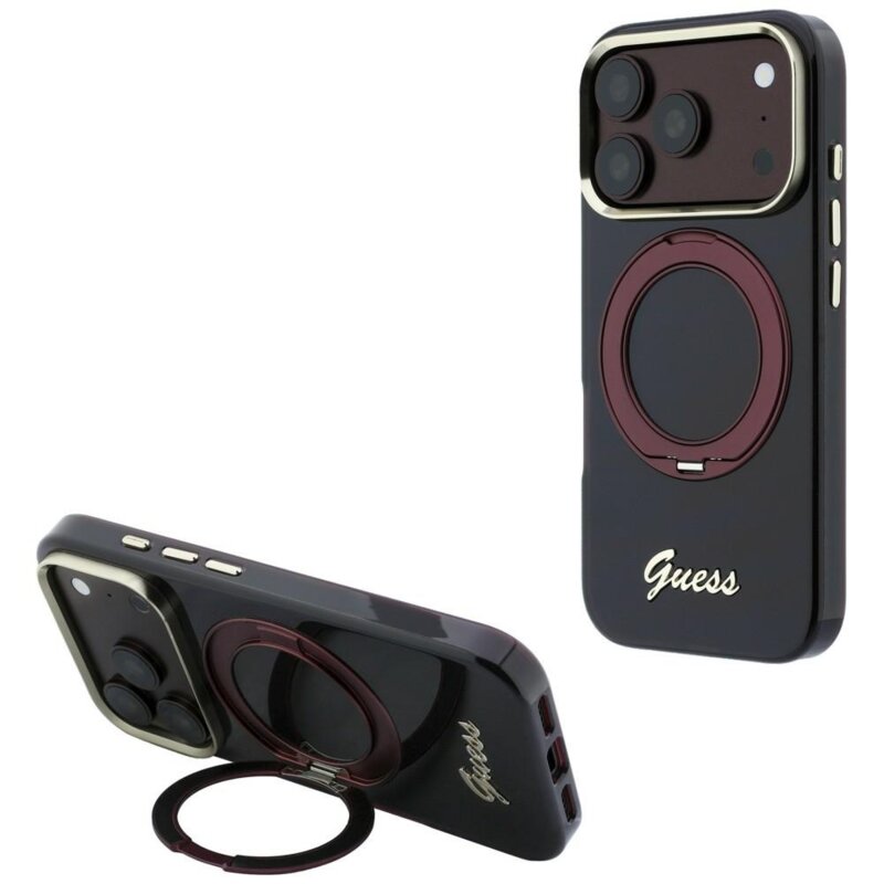 Husa Guess iPhone 17 Pro Ring Stand Script Metal Logo MagSafe, bordo, GUHMP18L6HCCMSU