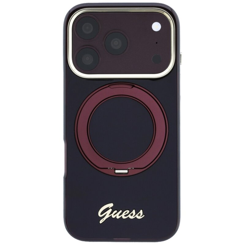 Husa Guess iPhone 17 Pro Ring Stand Script Metal Logo MagSafe, bordo, GUHMP18L6HCCMSU