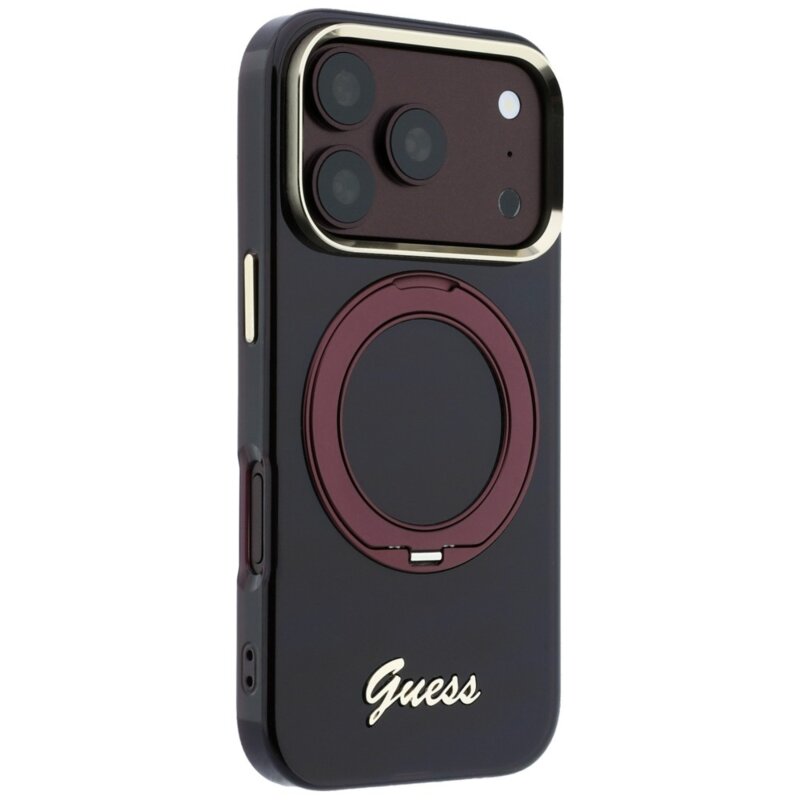 Husa Guess iPhone 17 Pro Ring Stand Script Metal Logo MagSafe, bordo, GUHMP18L6HCCMSU
