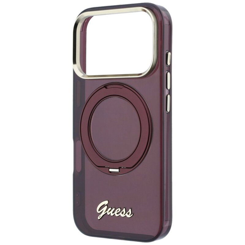 Husa Guess iPhone 17 Pro Ring Stand Script Metal Logo MagSafe, bordo, GUHMP18L6HCCMSU