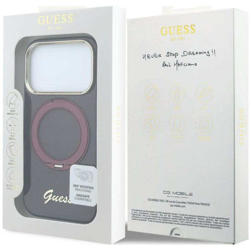 Husa Guess iPhone 17 Pro Ring Stand Script Metal Logo MagSafe, bordo, GUHMP18L6HCCMSU