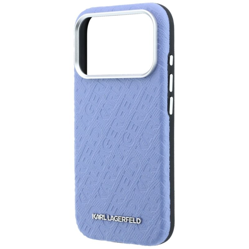 Husa iPhone 18 Pro Karl Lagerfeld Grained Leather Metal Logo MagSafe, bleu