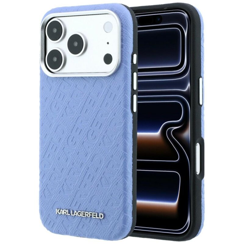 Husa iPhone 17 Pro Karl Lagerfeld Grained Leather Metal Logo MagSafe, bleu
