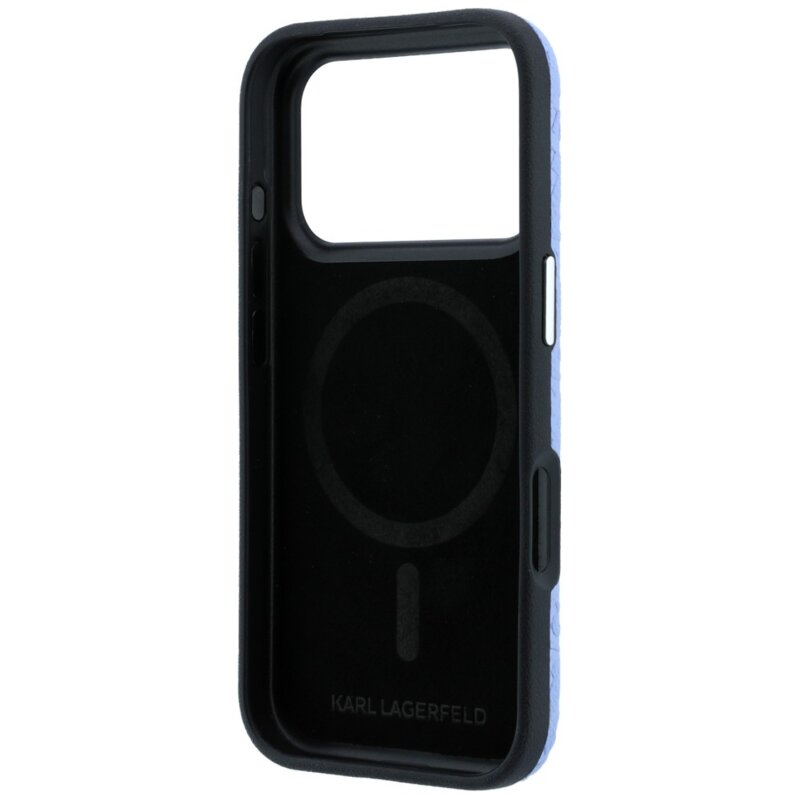 Husa iPhone 17 Pro Karl Lagerfeld Grained Leather Metal Logo MagSafe, bleu