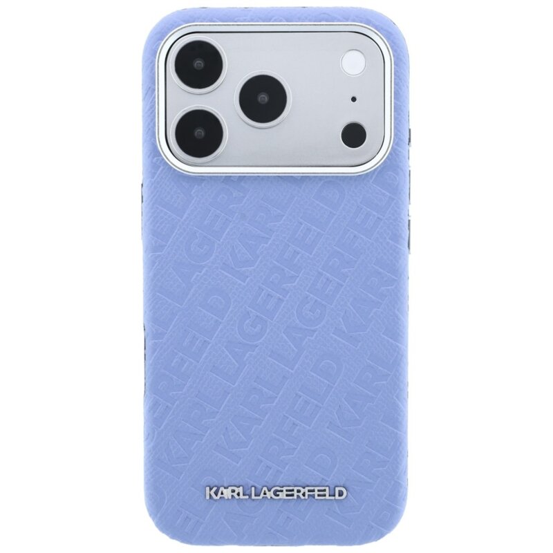Husa iPhone 17 Pro Karl Lagerfeld Grained Leather Metal Logo MagSafe, bleu