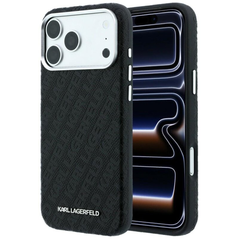 Husa iPhone 18 Pro Karl Lagerfeld Grained Leather Metal Logo MagSafe, negru